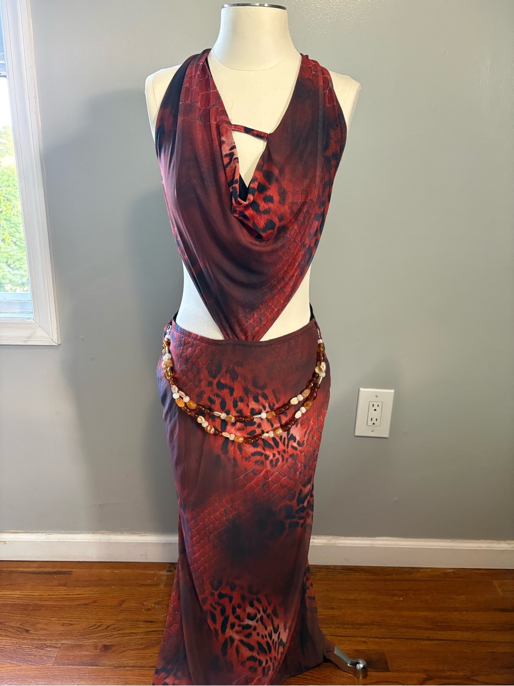 Finesse Neeve Red Mesh Bead Trim Maxi Dress